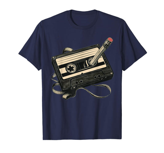 Retro Cassette Tape with Pencil Rewind T-Shirt