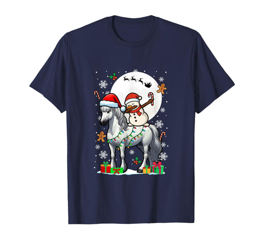 Dabbing Snowman On Horse Christmas Santa Colorful Lights T-Shirt