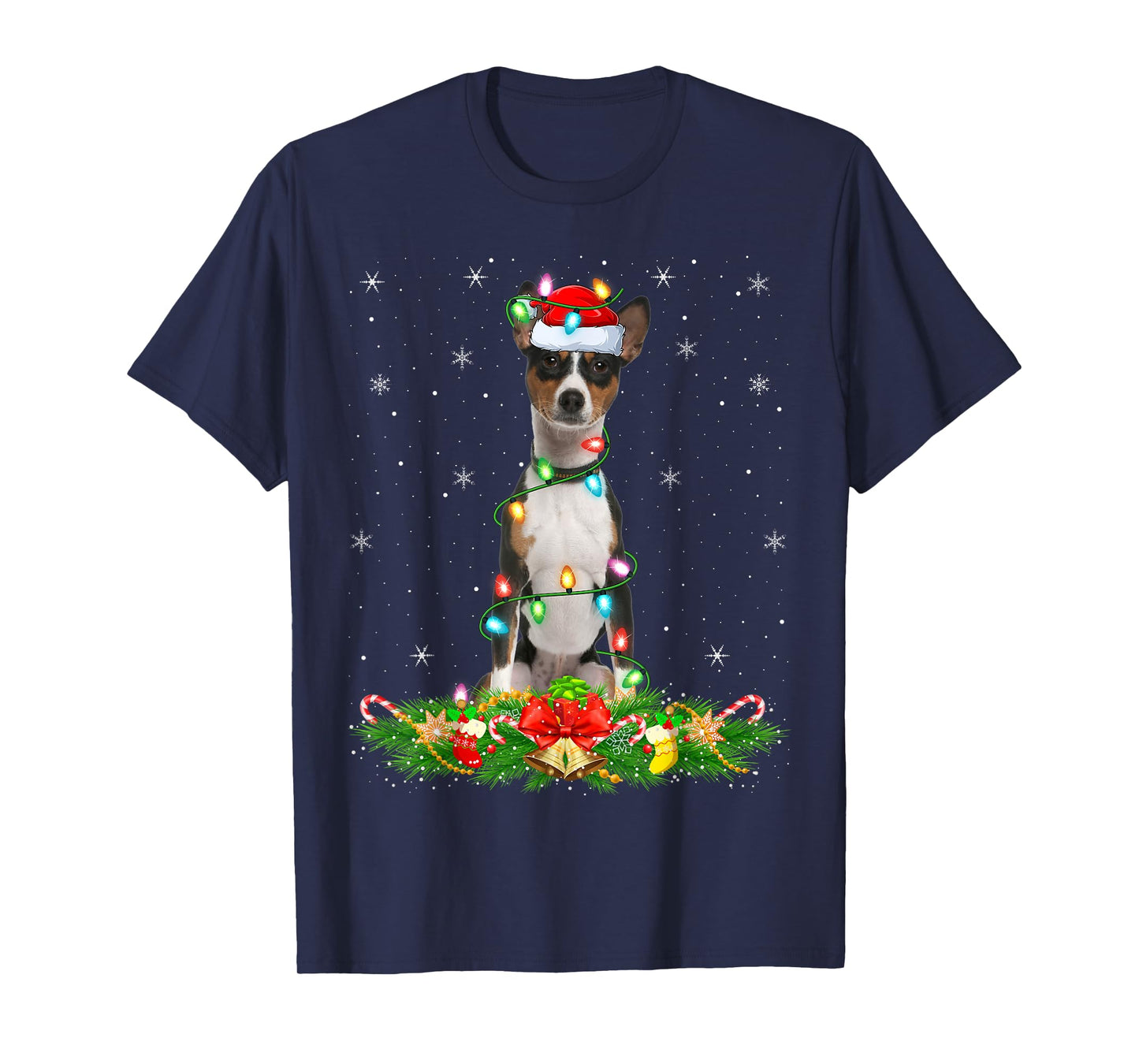 Basenji Dog Christmas Lights Funny Santa Hat Xmas T-Shirt
