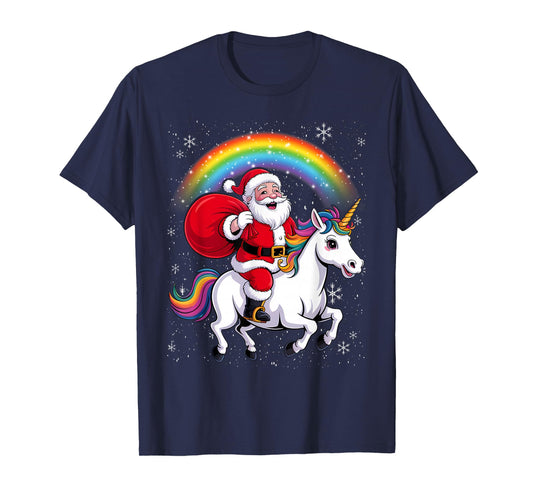 Christmas Santa Riding Unicorn Xmas Girls Women Rainbow T-Shirt