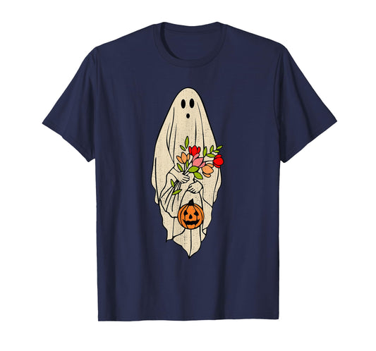 Retro Vintage Ghost Floral Pumpkin Halloween Womens Girls T-Shirt