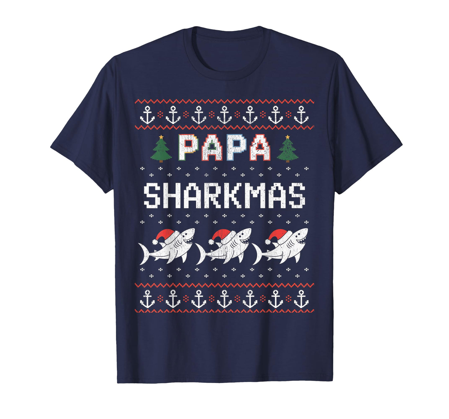 Papa Sharkmas Funny Shark Santa Hat Ugly Christmas Sweater T-Shirt