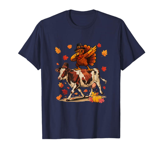 Dabbing Turkey On Cow Thanksgiving Autumn Pilgrim Farmer T-Shirt