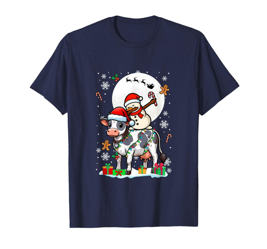 Dabbing Snowman On Cow Christmas Santa Colorful Lights T-Shirt