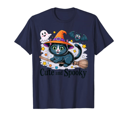 Adorable Halloween Witch Cat On Broom with Spooky Ghost T-Shirt