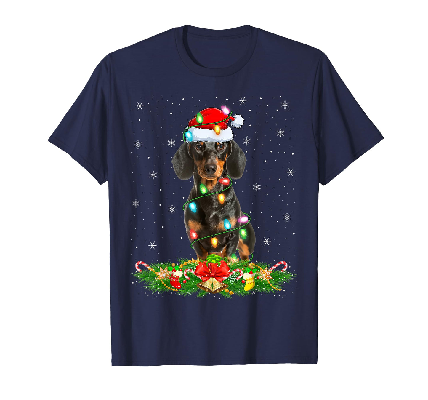 Dachshund Dog Christmas Lights Funny Santa Hat Xmas T-Shirt