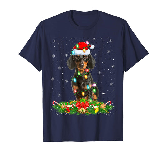 Dachshund Dog Christmas Lights Funny Santa Hat Xmas T-Shirt