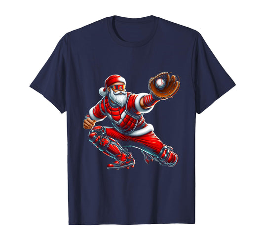 Santa Playing Baseball Catcher Merry Christmas Sport Player T-Shirt