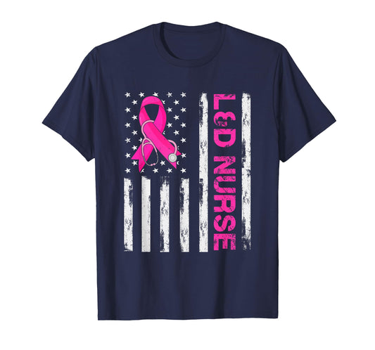 L&D Nurse American Flag Breast Cancer Awareness Pink Ribbon Women Men T-Shirt