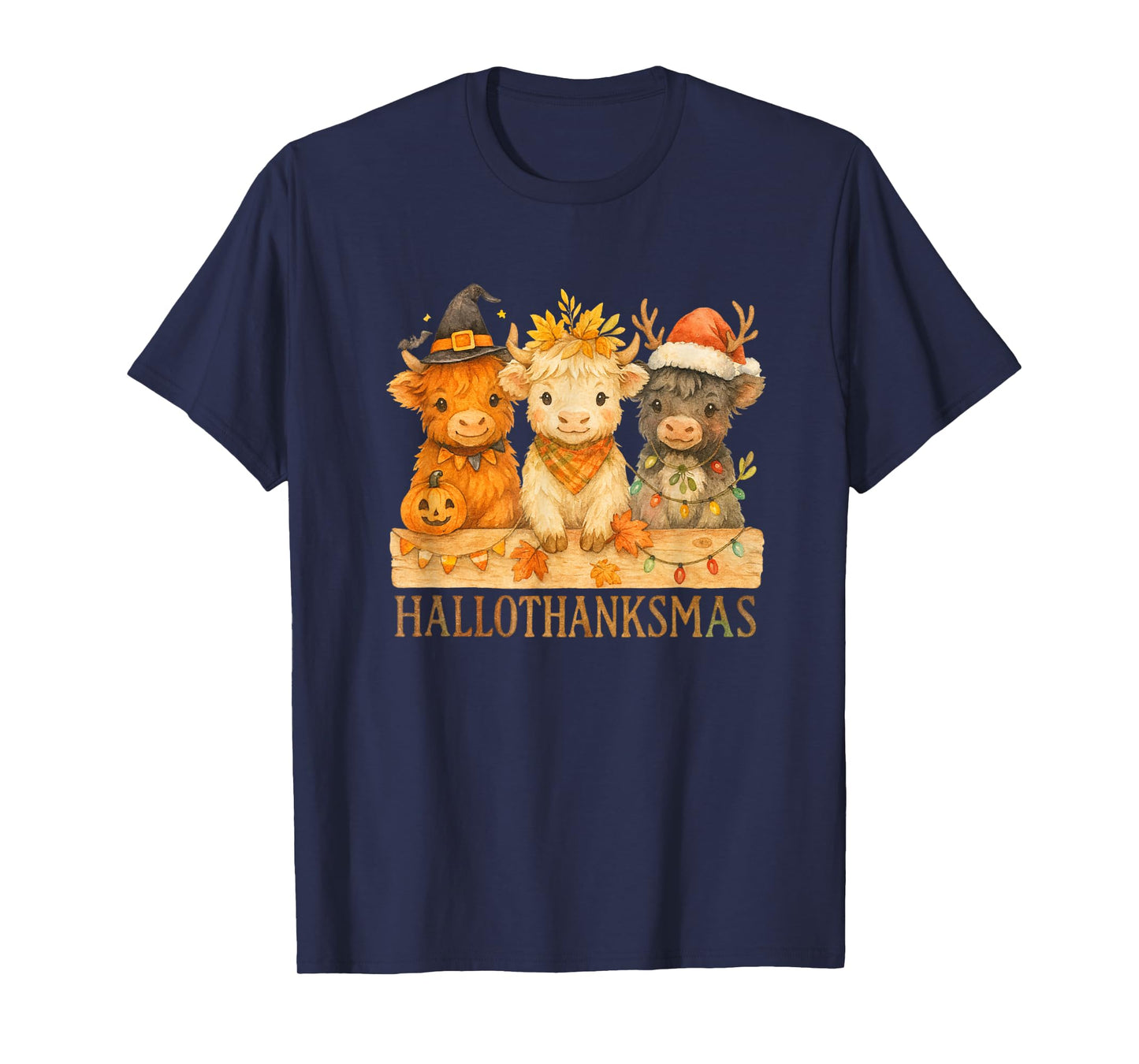 Hallothanksmas Highland Cow Trio Halloween Thanksgiving T-Shirt