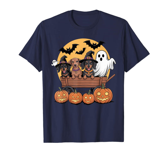 Dachshund Halloween Wagon Witch Hats Ghost Bats Pumpkins T-Shirt