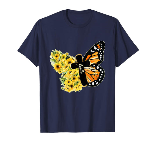 Faith Cross Sunflower Butterfly Christian Vintage T-Shirt