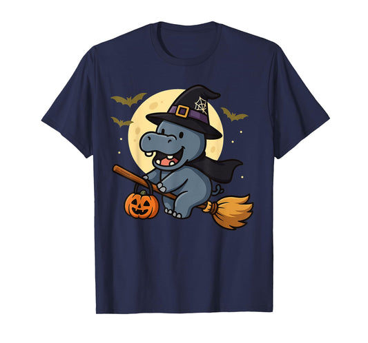 Cute Witch Hippo Halloween Outfit with Broom and Moon T-Shirt