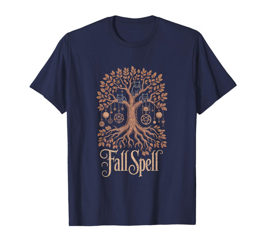 Fall Spell Tree Cats Pentagram Witchy Autumn Fall Halloween T-Shirt
