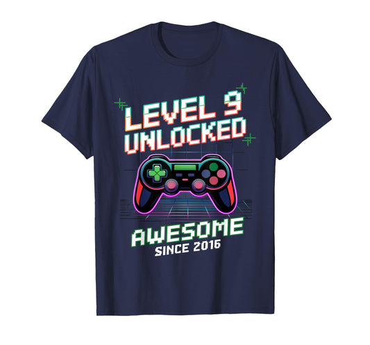 Level 9 Unlocked Awesome Since 2016 9th Birthday Boy Gaming T-Shirt