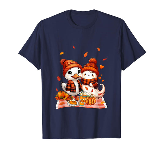 Duck with Boo Halloween Thanksgiving Fall Leaves Pumpkins T-Shirt