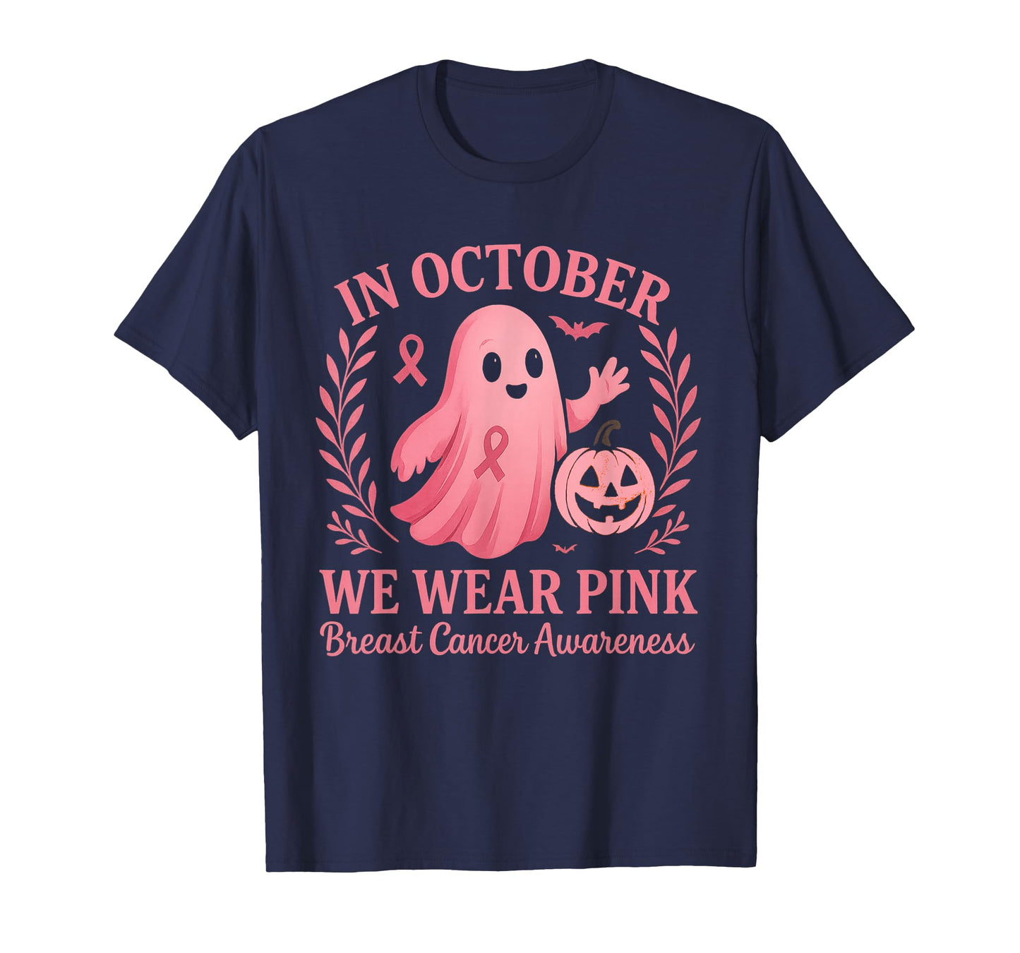 in October We Wear Pink Ghost Witch Breast Cancer Awareness T-Shirt