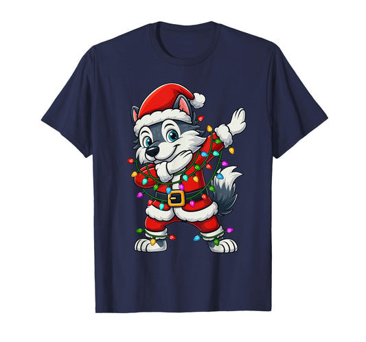 Dabbing Wolf Lights Santa Xmas Girls Boys Kids Christmas T-Shirt