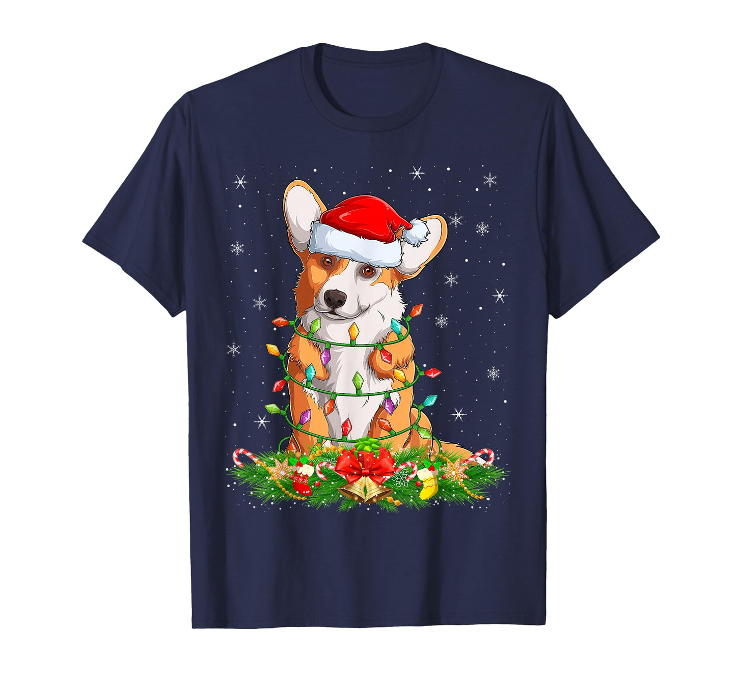 Corgi Dog Christmas Lights Funny Santa Hat Xmas T-Shirt