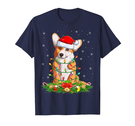 Corgi Dog Christmas Lights Funny Santa Hat Xmas T-Shirt