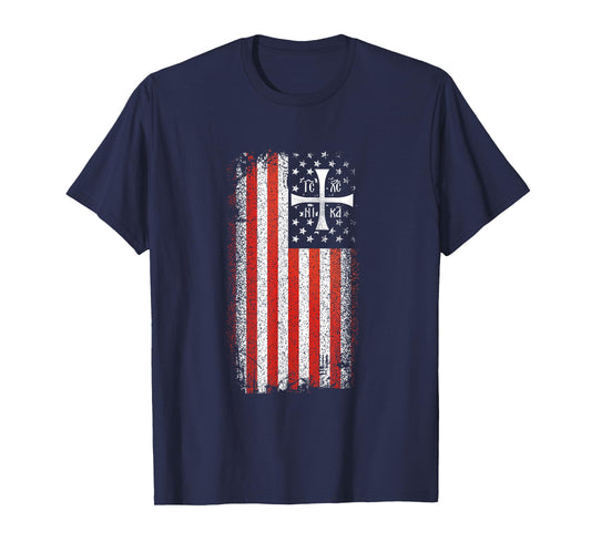 IC XC NIKA Orthodox Christian American Flag Vintage T-Shirt