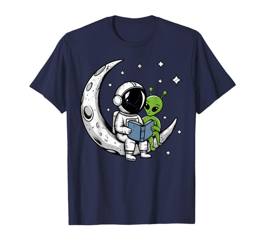 Astronaut Reading Book To Alien Moon Space Astronomy T-Shirt
