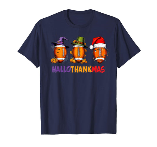 Funny HalloThankMas Football Halloween Thanksgiving Xmas T-Shirt