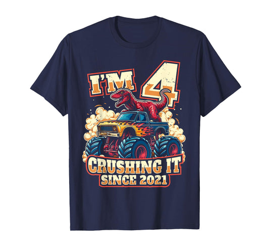4 Year Old Boys 4th Birthday Dinosaur Monster Truck Party T-Shirt