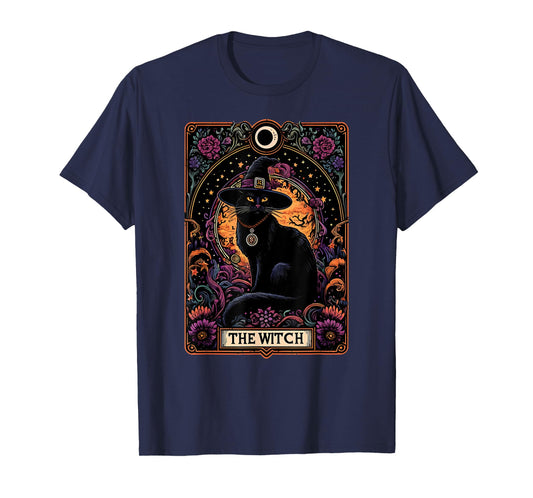 The Witch Cat Tarot Card Halloween Vintage Gothic T-Shirt for Men Women Kids