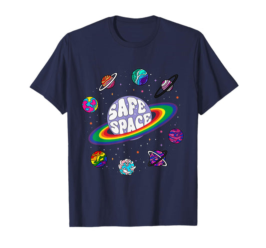Retro Rainbow Planets Safe Space Cosmic LGBTQ Pride Month T-Shirt
