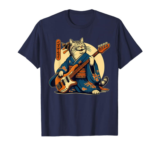 Japanese Samurai Cat Playing The Bass T-Shirt