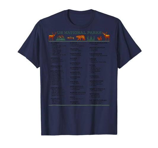 US National Parks Checklist List by State DESIGN ON BACK T-Shirt