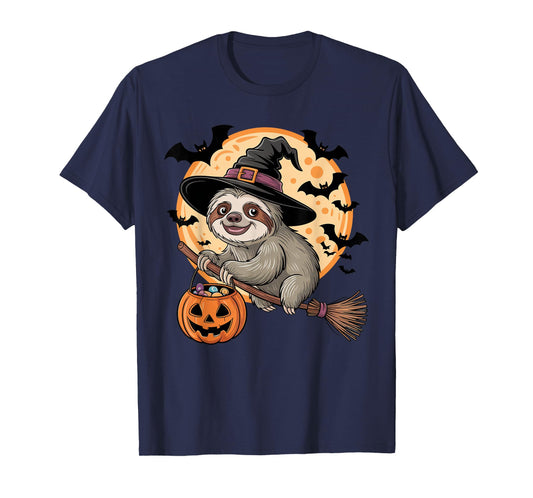 Cute Sloth Witch Riding Broom Halloween Pumpkin Kids Boys T-Shirt