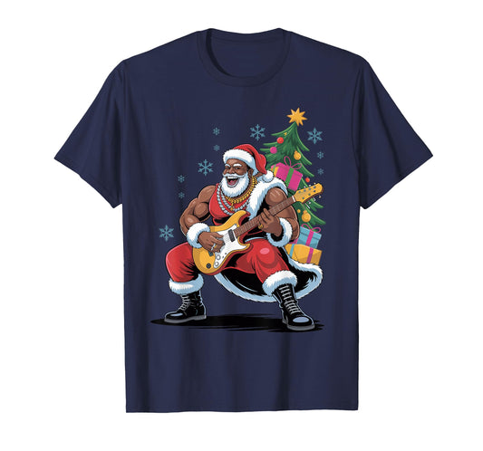 Afro Santa Playing Guitar African American Christmas Holiday T-Shirt