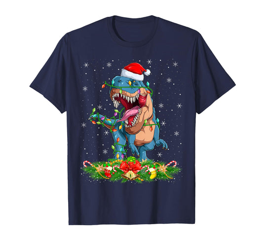 Dinosaur T-Rex Christmas Lights Funny Santa Hat Xmas T-Shirt