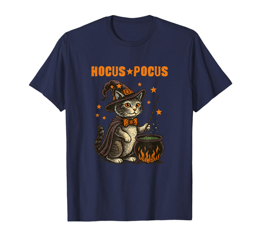 Hocus Pocus Halloween Cat Witch Hat Magic Cauldron Vintage T-Shirt