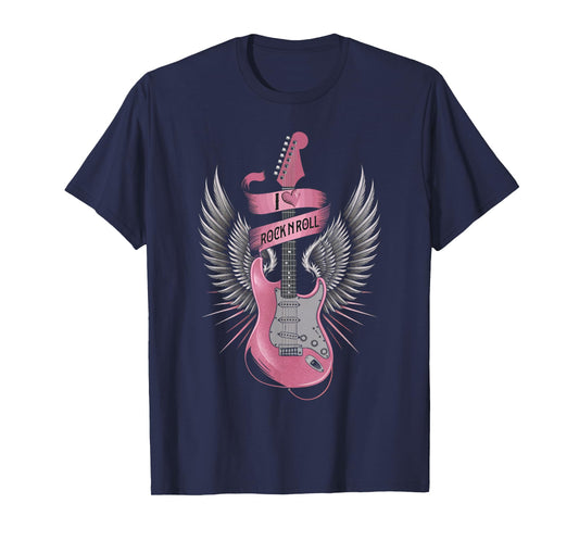 I Love Rock And Roll Pink Guitar Angel Wings Vintage T-Shirt