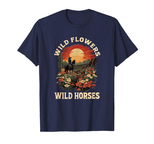 western sunset cowgirl riding horse wild flowers wild horses T-Shirt