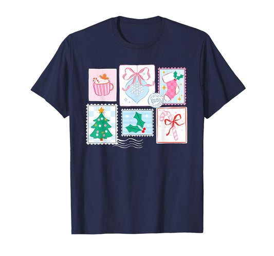 Preppy Pink Coquette Girly Vintage Christmas Stamp Santa T-Shirt