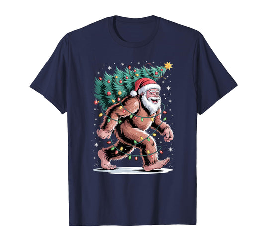 Cute Santa Bigfoot Carrying Decorated Christmas Tree T-Shirt