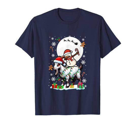 Dabbing Snowman On Goat Christmas Santa Colorful Lights T-Shirt