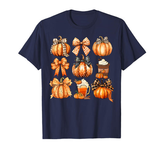 Retro Thanksgiving Pumpkin Coquette Bow Pumpkin Spice Plaid T-Shirt