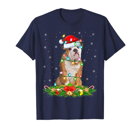 English Bulldog Christmas Lights Funny Santa Hat Xmas T-Shirt