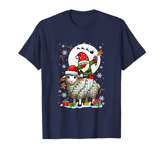 Dabbing Gnome On Sheep Christmas Santa Colorful Lights T-Shirt