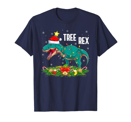 Dinosaur Tree Rex Christmas Lights Pajamas Men Boys Xmas T-Shirt