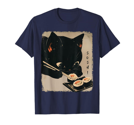 Kawaii Cat Eating Sushi Funny Japanese Anime Cute Cat Girls T-Shirt