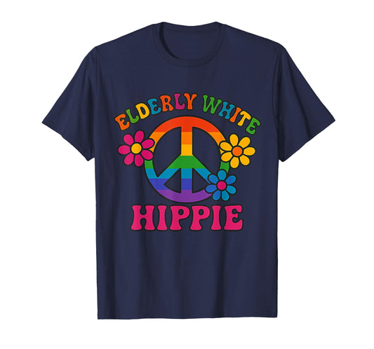 Elderly White Hippie Retro Rainbow Peace Sign Flowers Trendy T-Shirt