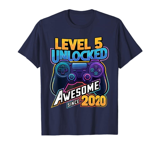 Level 5 Unlocked Awesome Since 2020 5th Birthday Gaming T-Shirt