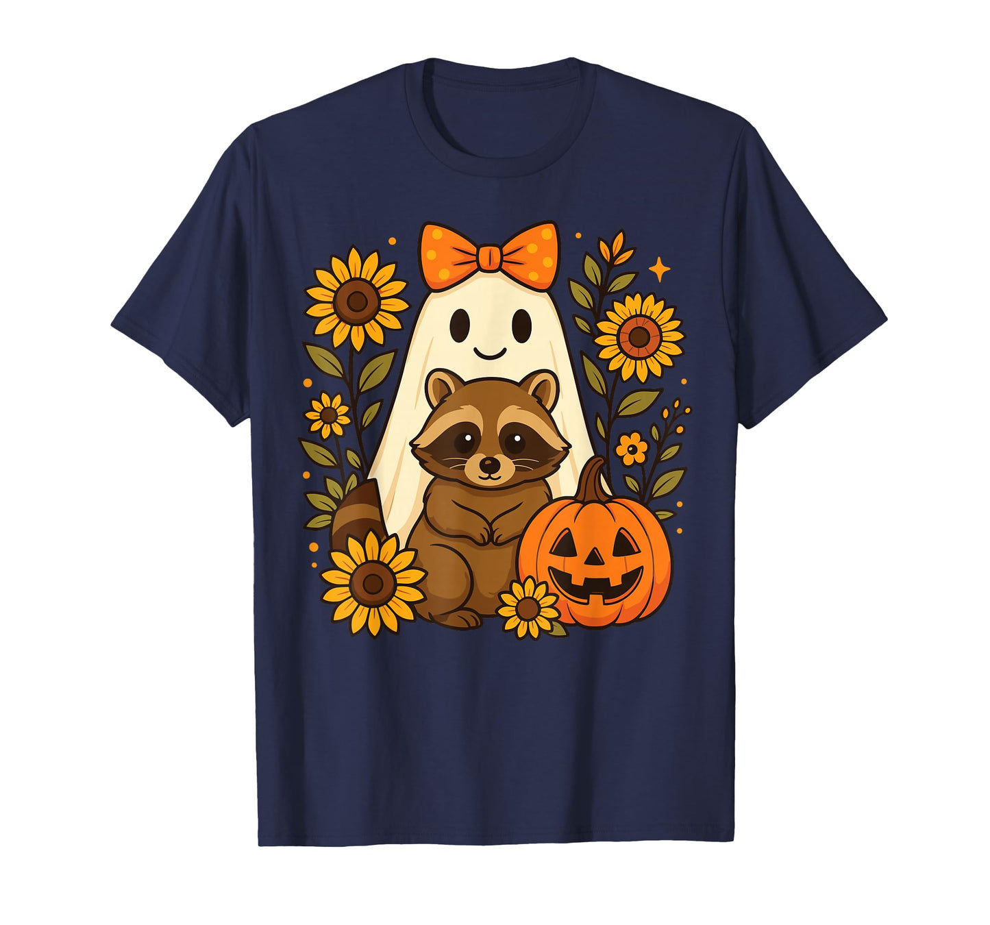 Vintage Halloween Ghost Holding Raccoon Groovy Floral Fall T-Shirt