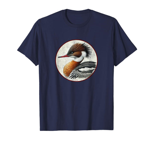 Colorful Retro Red-Breasted Merganser Bird Design T-Shirt